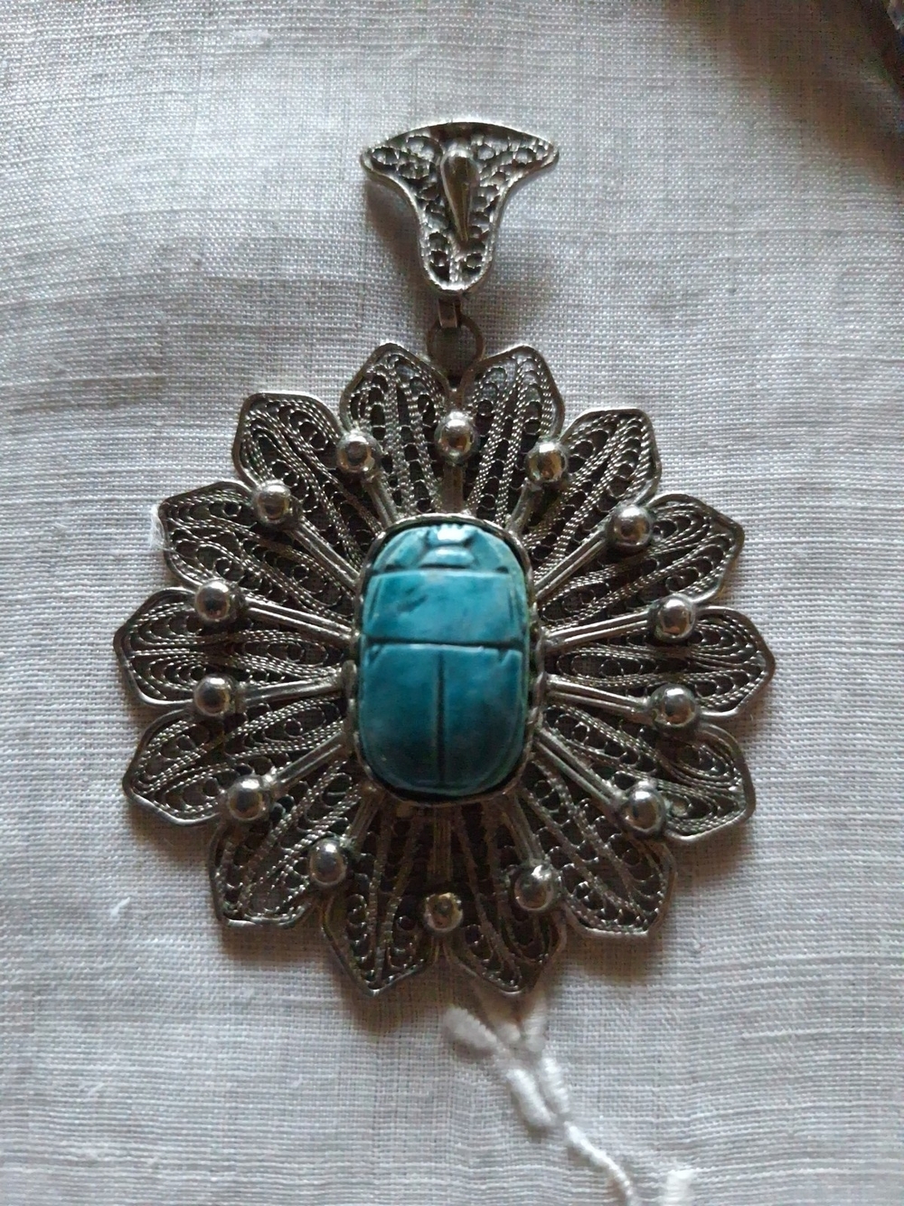 Turquoise Stone Filigree Silver Pendant Necklace - Women Jewelry